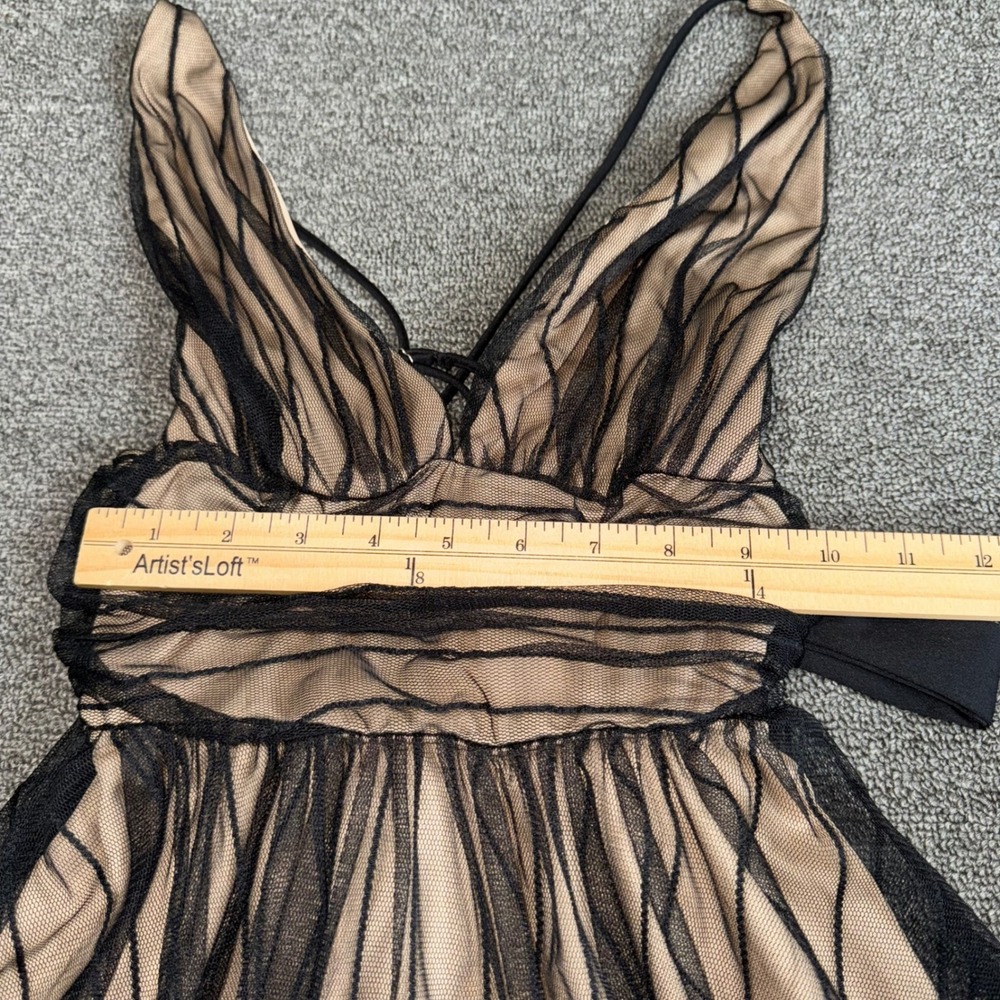 Lucy in the Sky Black Mesh Tan Mini Dress XS V-Neck Coquette Party Fit Flare - Picture 6 of 9